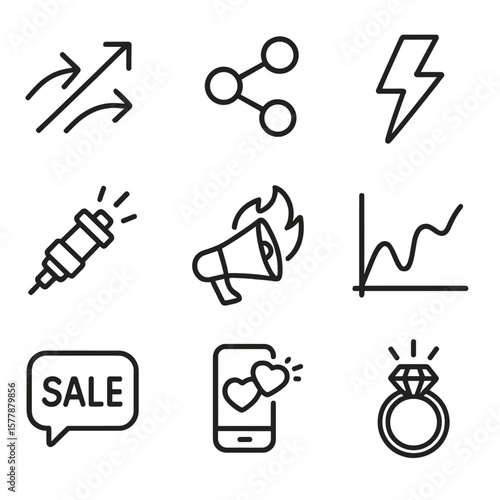 Viral Marketing Icons. Line style icons of flash and viral marketing: viral arrow spread, chain share icon, flash buzz light,