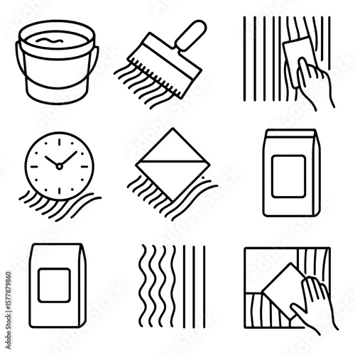 Tile Adhesive Icons. Line style icons of tile adhesive process: bucket of tile adhesive, adhesive being spread with notched trowel