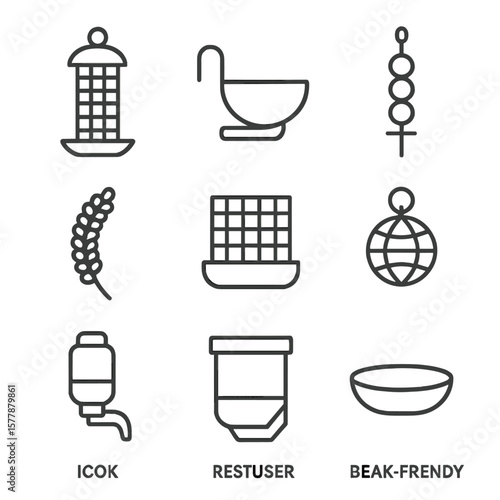 Bird Feeding Icons. Line style icons of bird feeding items: hanging seed feeder, water perch bowl, fruit skewer icon, bird millet