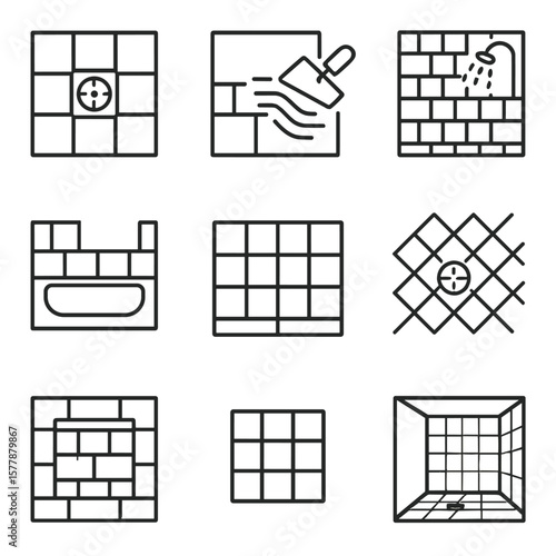 Bathroom Tiling Icons. Line style icons of bathroom tile installation: tiling around drain, waterproofing membrane icon, shower