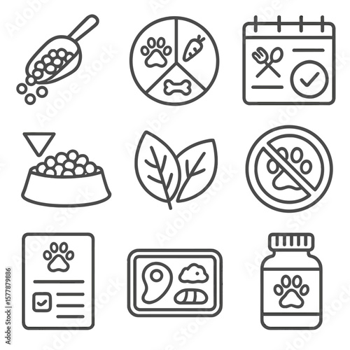 Pet Nutrition Icons. Line style icons of pet feeding and nutrition: scoop with kibble, balanced diet plate, meal schedule chart,