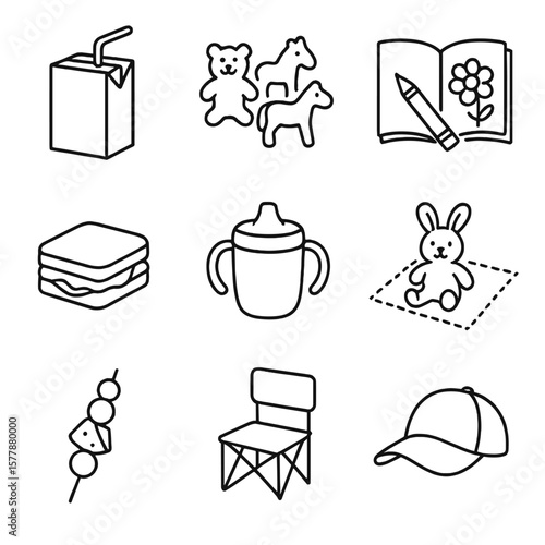 Kids' Picnic Icons. Line style icons of kids’ picnic items: juice box, animal-shaped cookies, coloring book, small sandwich, sippy