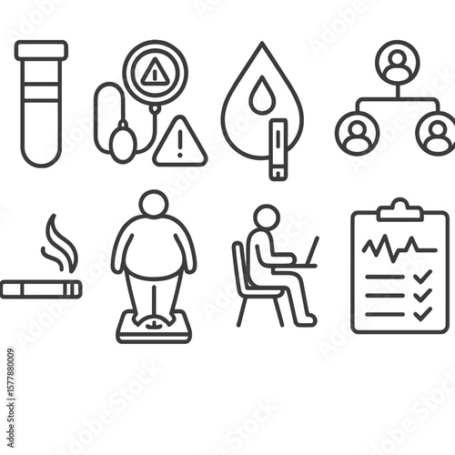Cardiovascular Risk Icons. Line style icons of cardiovascular health risk indicators: cholesterol vial, high blood pressure alert,