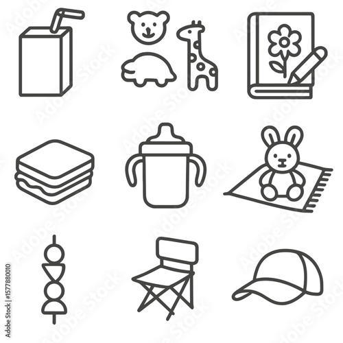 Kids' Picnic Icons. Line style icons of kids’ picnic items: juice box, animal-shaped cookies, coloring book, small sandwich, sippy