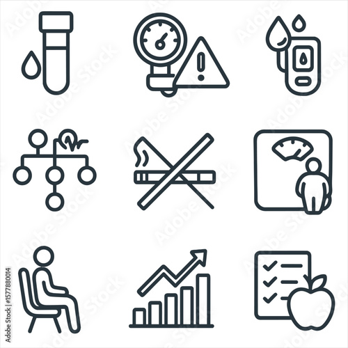 Cardiovascular Risk Icons. Line style icons of cardiovascular health risk indicators: cholesterol vial, high blood pressure alert,