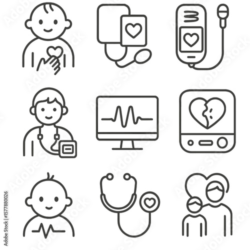 Pediatric Heart Exam Icons. Line style icons of pediatric cardiovascular exams: baby heart check, pediatric BP cuff, child ECG