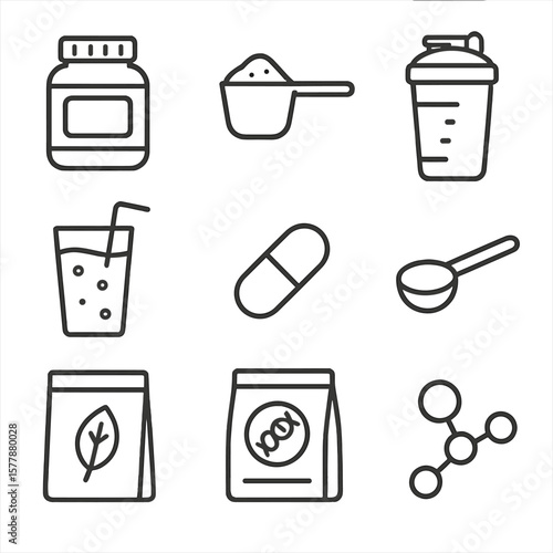 Protein Supplement Icons. Line style icons of protein supplements: protein powder jar, scoop with powder, protein shaker bottle,