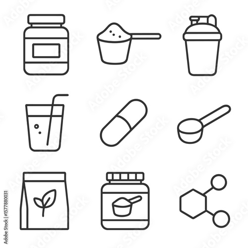 Protein Supplement Icons. Line style icons of protein supplements: protein powder jar, scoop with powder, protein shaker bottle,
