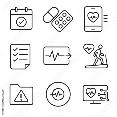 Healthcare Line Icons. Line style icons of follow-up and care plan: schedule follow-up calendar, medication plan icon, lifestyle
