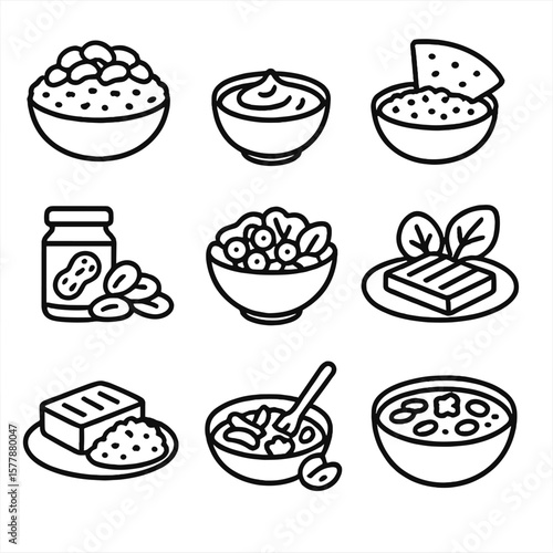 Vegetarian Protein Combos. Line style icons of high-protein vegetarian combos: beans and rice, hummus and pita, lentil and quinoa