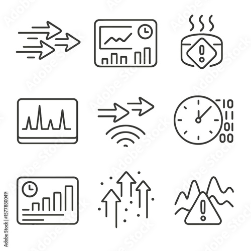 Real-Time Data Icons. Line style icons of real-time data flood: high-speed data arrows, real-time analytics panel, sensor overload