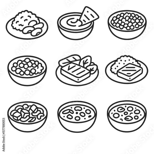 Vegetarian Protein Combos. Line style icons of high-protein vegetarian combos: beans and rice, hummus and pita, lentil and quinoa