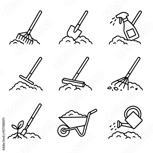 Mulch Maintenance Icons. Line style icons of mulch maintenance: raking old mulch, replacing top layer, refreshing color, aerating
