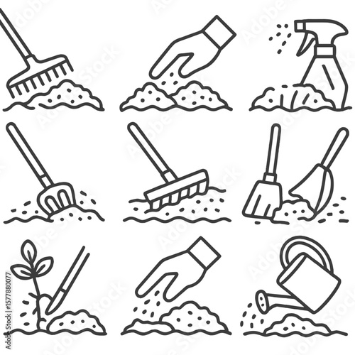 Mulch Maintenance Icons. Line style icons of mulch maintenance: raking old mulch, replacing top layer, refreshing color, aerating