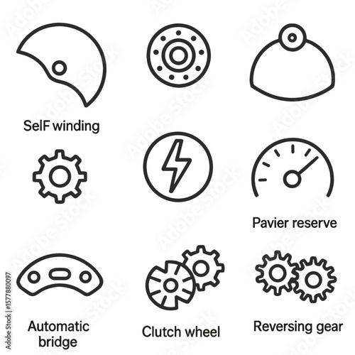 Automatic Movement Icons. Line style icons of automatic movement elements: self-winding rotor, rotor bearing, winding mechanism,