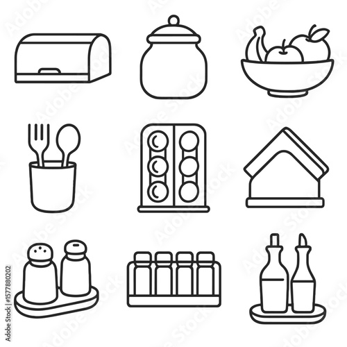 Countertop Storage Icons. Line style icons of countertop storage: bread box, cookie jar, fruit bowl, utensil crock, coffee pod