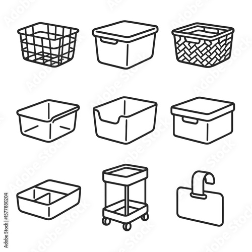 Storage Organization Icons. Line style icons of organization baskets and bins: wire basket, plastic storage bin, woven pantry