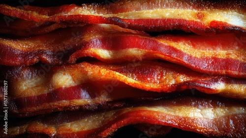Fototapeta Naklejka Na Ścianę i Meble -  Juicy bacon slices folded and stacked with crispy texture and deep red tones