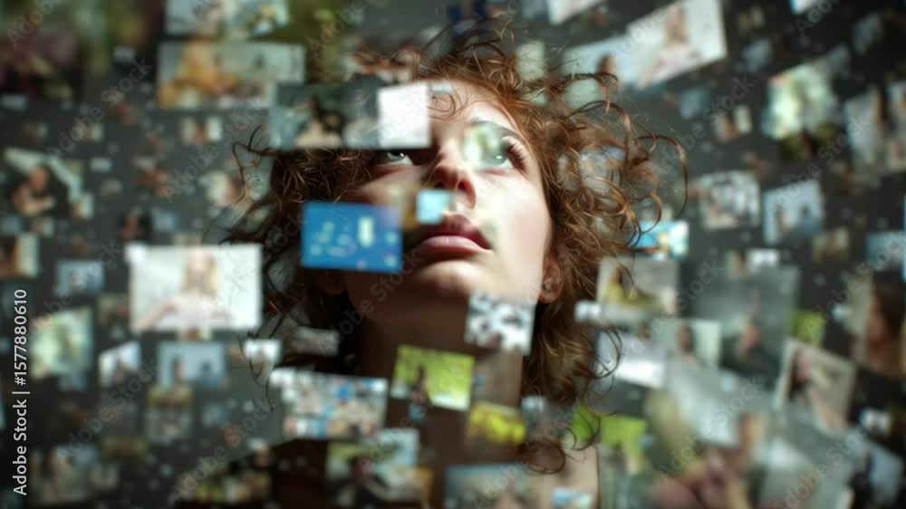 Emotional woman surrounded by chaotic digital images representing overwhelming online information and social media interactions in a surreal