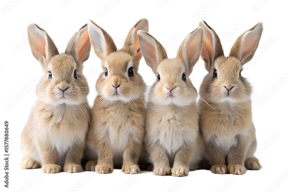 Obraz premium Four fluffy brown baby bunnies sitting together on a transparent background