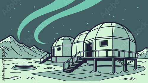 Illustration of arctic research station with aurora borealis and snow capped mountains in the background