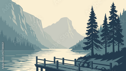 A serene landscape with mountains and a lake viewed from a wooden pier with tall pine trees