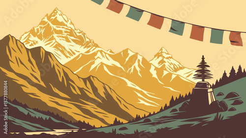 Illustration of a mountain landscape with prayer flags and a buddhist stupa shrine art