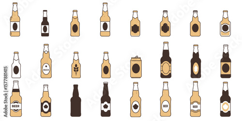 Dashed and Segmented Line Set Set of Beer Bottle Icons in Flat Style

