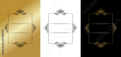 Stylish rectangular frame for postcards and typography, isolated vector image, three design variants - on gold, transparent and black backgrounds, frame set
