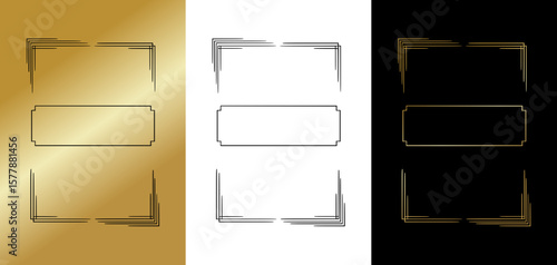 Modern rectangular labels, frame for postcards and typography, isolated vector image, three design variants - on gold, transparent and black backgrounds, frame set