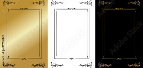 Opulent rectangular frame for postcards and typography, isolated vector image, three design variants - on gold, transparent and black backgrounds, frame set