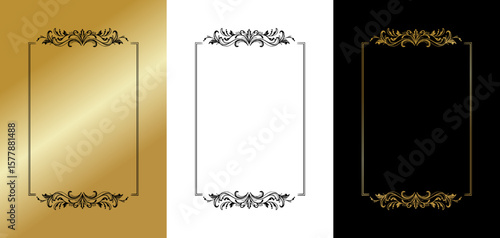 Elegant rectangular frame for postcards and typography, isolated vector image, three design variants - on gold, transparent and black backgrounds, frame set