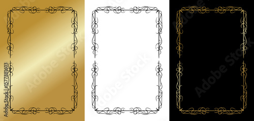 Exquisite rectangular frame for postcards and typography, isolated vector image, three design variants - on gold, transparent and black backgrounds, set of frames