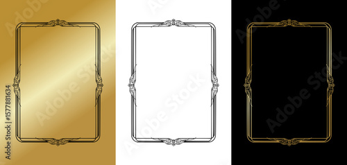 Lavish rectangular frame for postcards and typography,  isolated vector image, three design variants - on gold, transparent and black backgrounds, set of frames