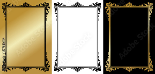 Decorative elegant frame for postcards and typography, isolated vector image, three design variants - on gold, transparent and black backgrounds, set of frames