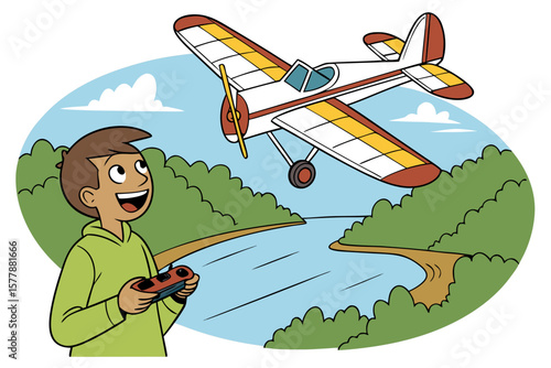 A boy controls a toy airplane with a remote over a river with trees on either side on a sunny day