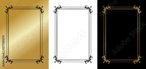 Elegant frame for postcards and typography, isolated vector image, three design variants - on gold, transparent and black backgrounds, set of frames