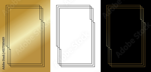 Stylish simple frame for postcards and typography, isolated vector image, three design variants - on gold, transparent and black backgrounds, set of frames