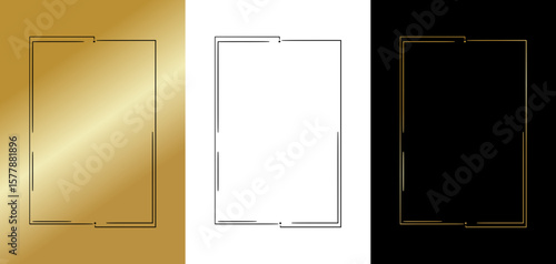 Minimalistic frame for postcards and typography, isolated vector image, three design variants - on gold, transparent and black backgrounds, set of frames