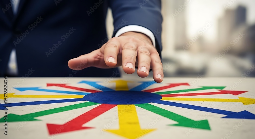 Fototapeta premium Businessperson's hand reaching towards a central point surrounded by diverging arrows, symbolizing strategic decision-making and multiple options.