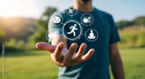 Man presenting a holistic wellness concept, encompassing fitness, nutrition, mindfulness, and healthy habits, outdoors in nature.