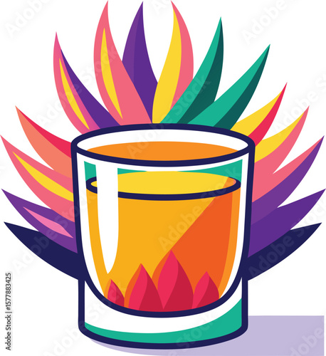 Vibrant Colorful Cocktail Illustration, Tropical Drink in Glass with Stylized Floral Design, Perfect for Summer Menus and Branding