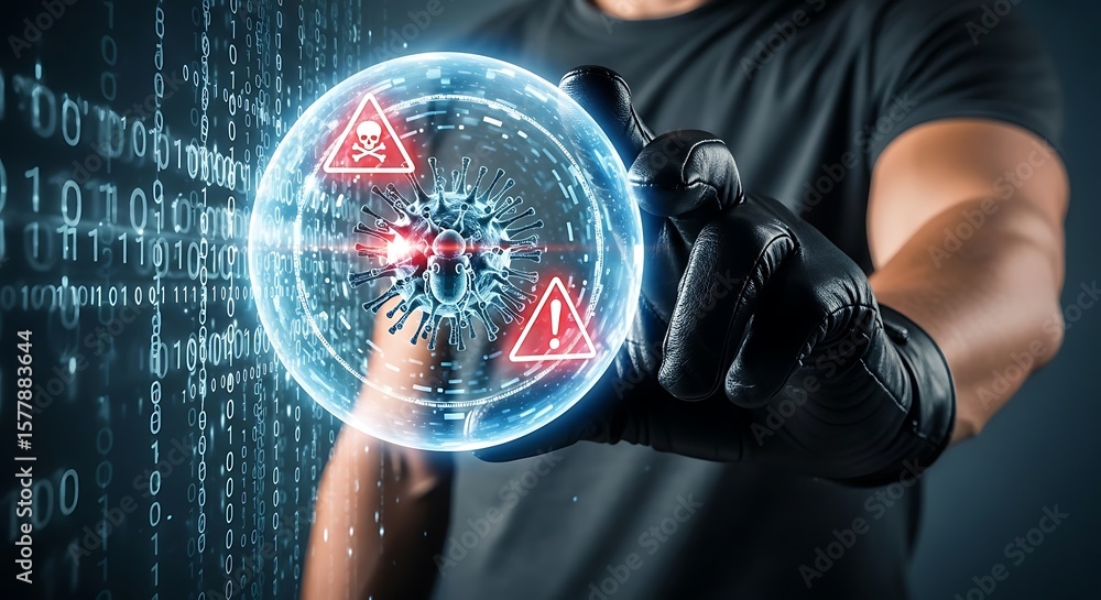 Fototapeta premium Hacker manipulating a digital virus sphere, showcasing cyber threats and vulnerabilities.