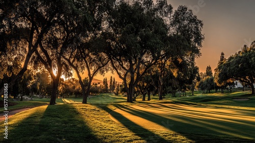 Golden hour light across a golf course framed by long tree shadows and colorful sky