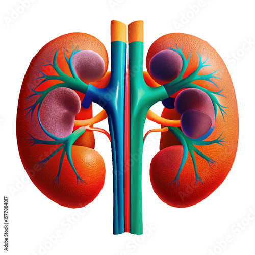 Vivid depiction showcases two kidneys, highlighting their intricate structure with colorful arteries and veins for medical education.