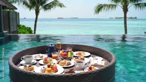 Floating breakfast tray with food and drinks in a pool overlooking the ocean with palm trees