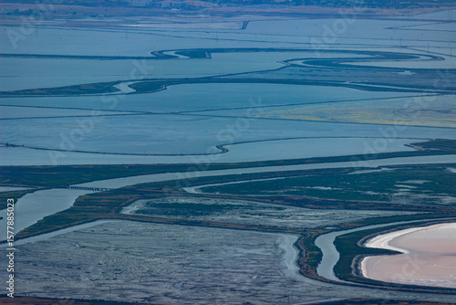 Aerial view of diverse wetlands and tidal channels in San Francisco Baylands