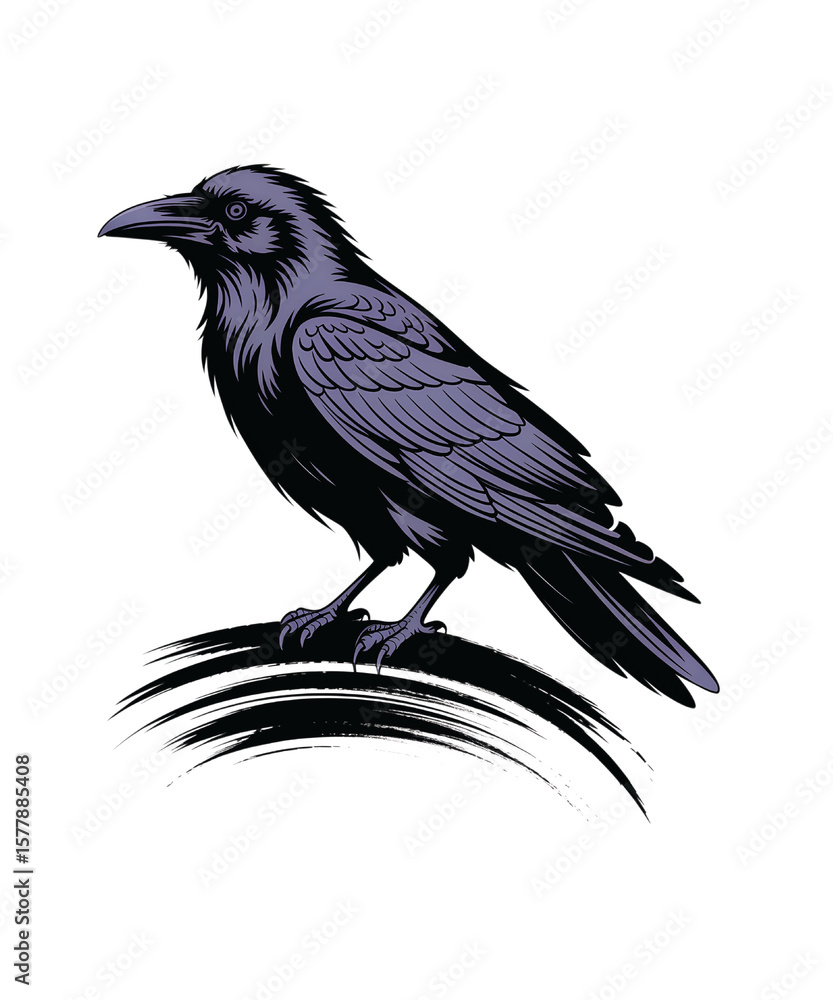 Fototapeta premium Detailed Raven Illustration Perched on Brush Strokes Against a Black Background