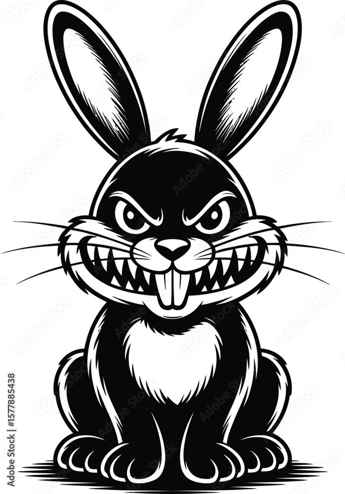 Obraz premium Angry Cartoon Rabbit with Evil Grin Black and White Vector Illustration