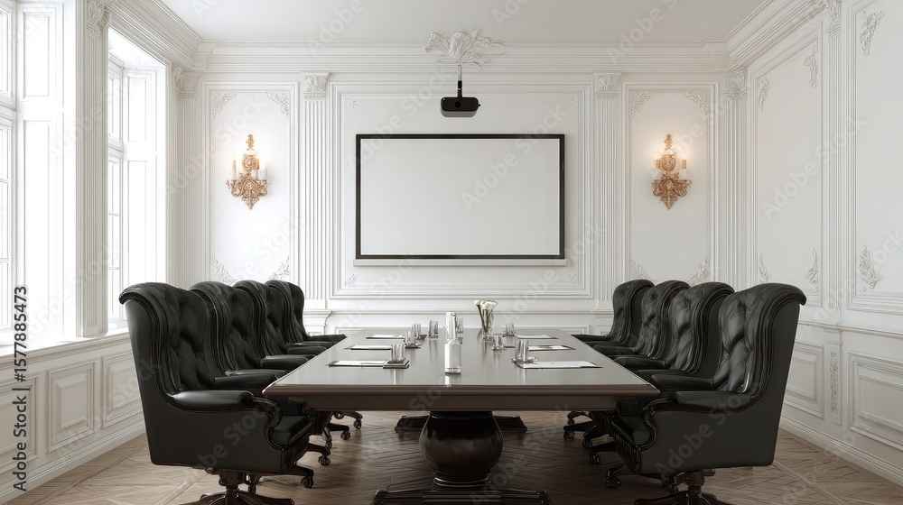 Fototapeta premium Bright and quiet conference room with mounted projector aimed at a blank presentation screen